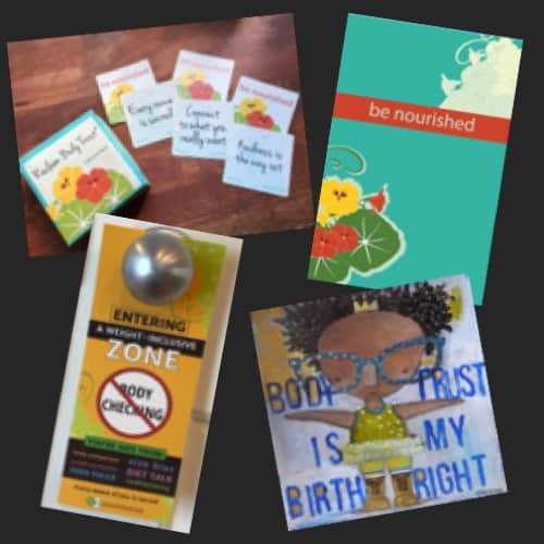 Swag bundle with the Reclaim Body Trust 96-card deck, a turquoise Be Nourished branded journal, "Entering a Weight-Neutral Zone" door hanger and a "Body Trust is my Birthright" art by Jen P Davis