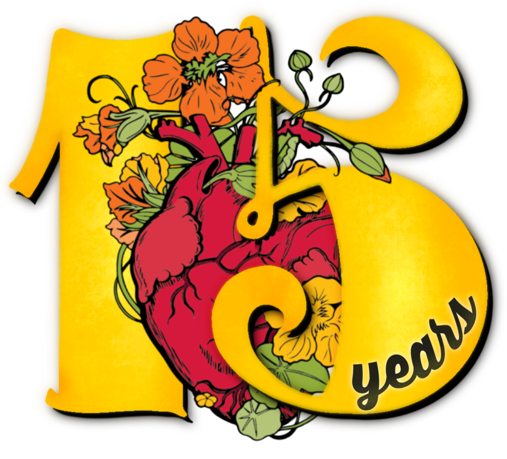 A golden number "15" with the Be Nourished botanical heart logo intertwined between the numbers and the word "years" contained within the number "5"